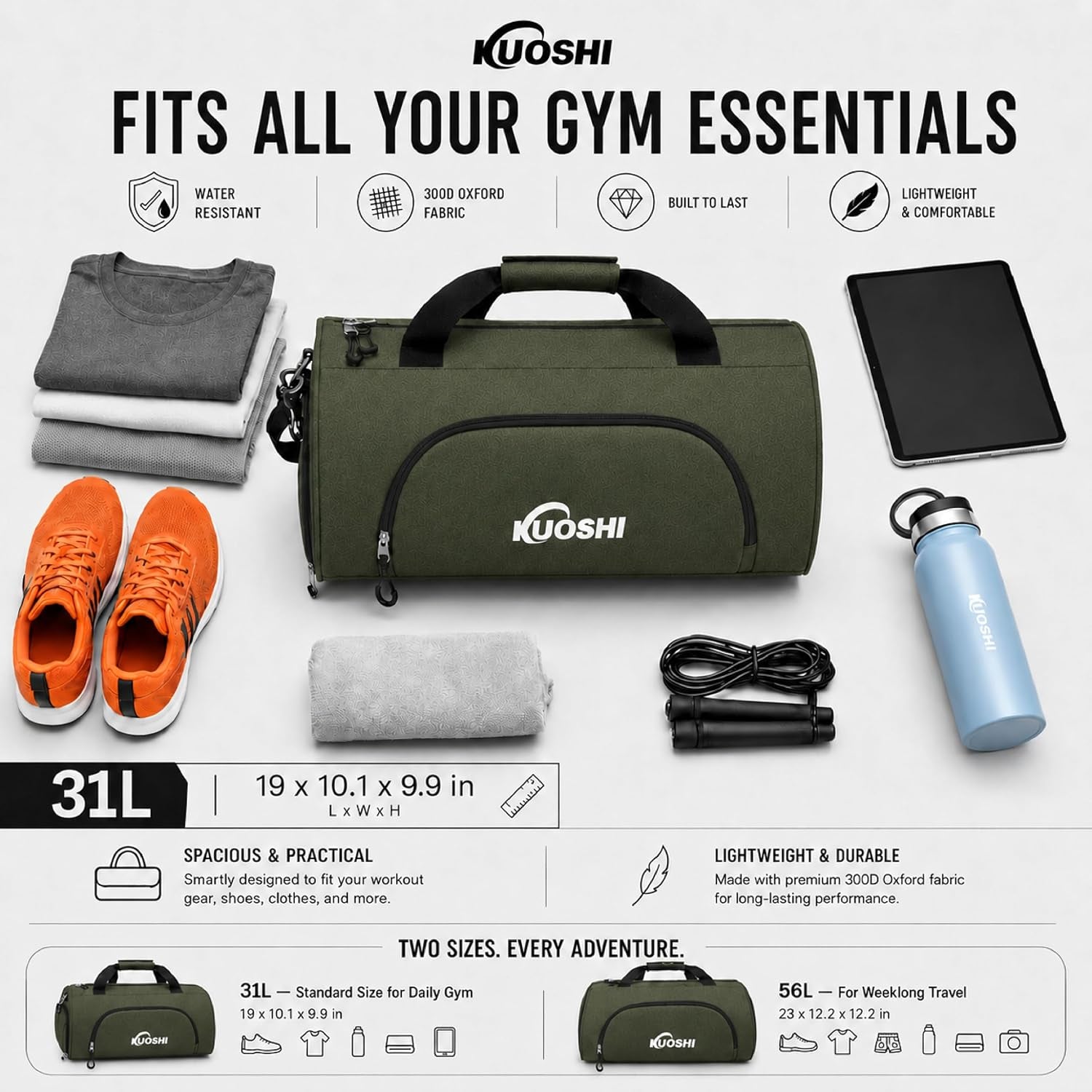 56L Gym Bag Sports Duffle Bag with Shoe Compartment & Wet Pocket, Carry-On Luggage Bag with Quick-Access Pouch, Weekender Overnight Travel Bag for Men & Women